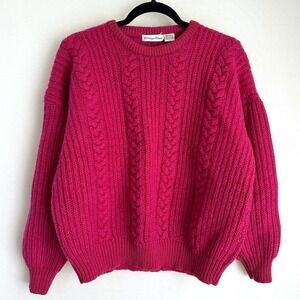 Vntg Carriage Court Wool Fisherman Chunky Cable Knit Sweater Bright Pink Cottage